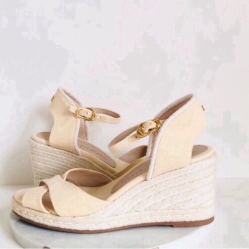 STUART WEITZMAN MIRELLA Cream Crisscross Wedge Espadrille Sandals - Picture 6 of 16